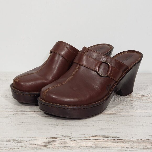 BORN  Brown Leather Heeled Clog  Women's Size 9 great pre-owned condition - Picture 1 of 8